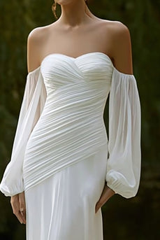 Ivory Off the Shoulder Chiffon Pleated Mermaid Wedding Dress with Sleeves