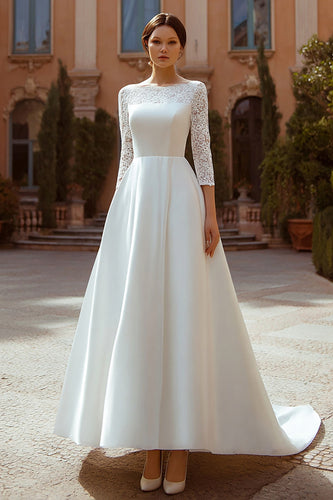 Ivory Satin Boat Neck A Line Sweep Train Wedding Dress with Lace