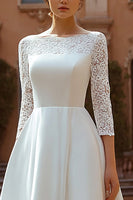 Load image into Gallery viewer, Ivory Satin Boat Neck A Line Sweep Train Wedding Dress with Lace