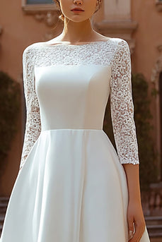 Ivory Satin Boat Neck A Line Sweep Train Wedding Dress with Lace