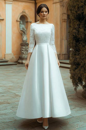 Ivory Satin Boat Neck A Line Long Wedding Dress with Lace