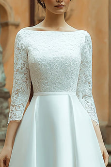 Ivory Satin Boat Neck A Line Long Wedding Dress with Lace