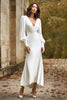 Load image into Gallery viewer, Ivory V-Neck Satin Sheath Long Wedding Dress with Long Sleeves