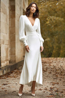 Load image into Gallery viewer, Ivory V-Neck Satin Sheath Long Wedding Dress with Long Sleeves