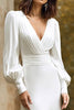 Load image into Gallery viewer, Ivory V-Neck Satin Sheath Long Wedding Dress with Long Sleeves