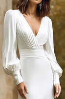 Load image into Gallery viewer, Ivory V-Neck Satin Sheath Long Wedding Dress with Long Sleeves
