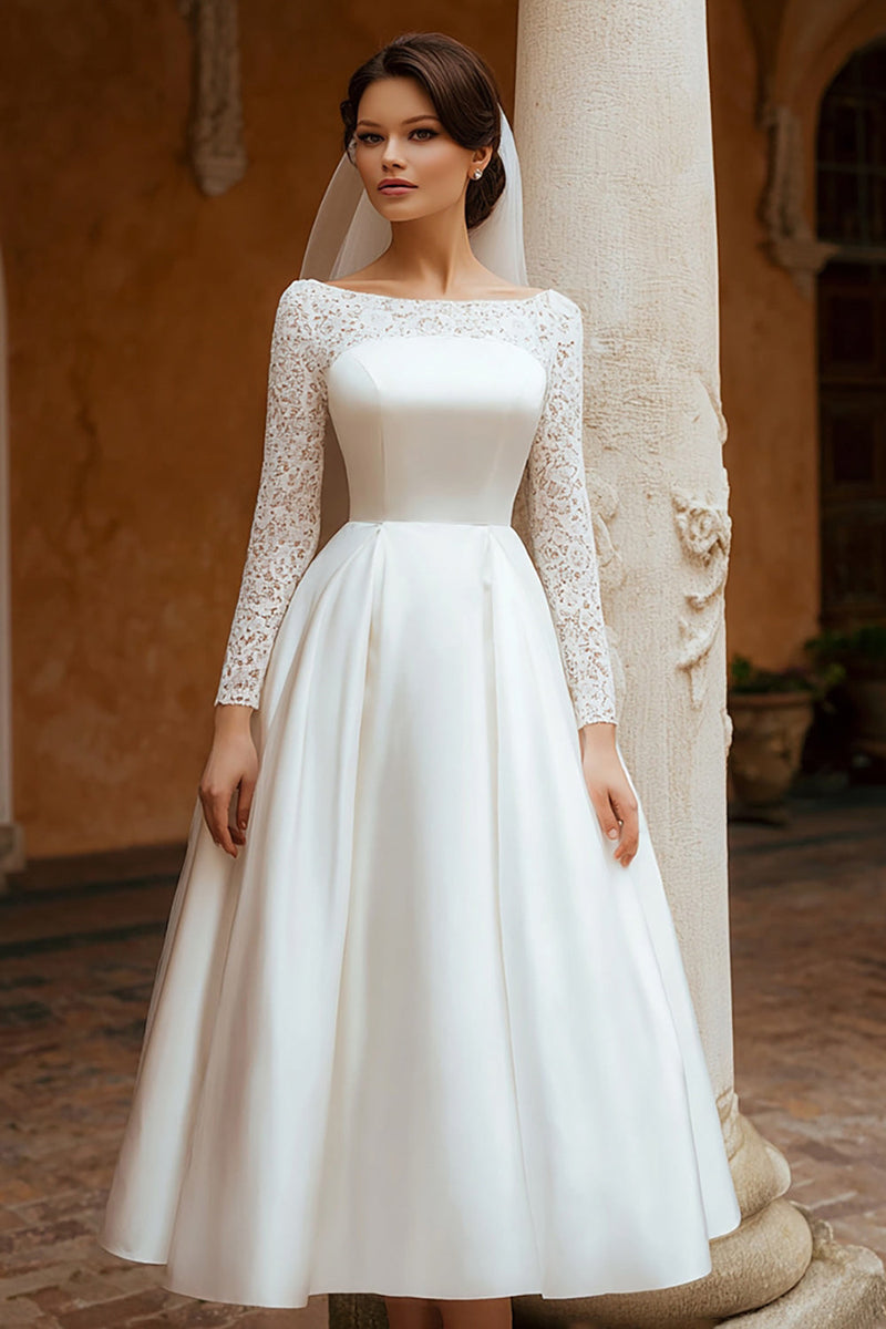 Load image into Gallery viewer, Ivory Satin Boat Neck A Line Wedding Dress with Lace