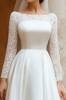 Load image into Gallery viewer, Ivory Satin Boat Neck A Line Wedding Dress with Lace