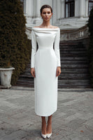 Load image into Gallery viewer, Ivory Off the Shoulder Sheath Satin Long Engagement Dress