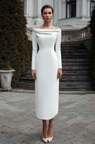 Ivory Off the Shoulder Sheath Satin Long Engagement Dress