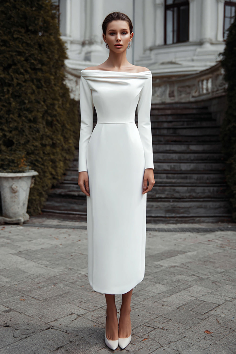 Ivory Off the Shoulder Sheath Satin Long Engagement Dress