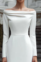 Load image into Gallery viewer, Ivory Off the Shoulder Sheath Satin Long Engagement Dress