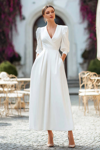 Ivory V-Neck A Line Satin Long Wedding Dress with Pockets