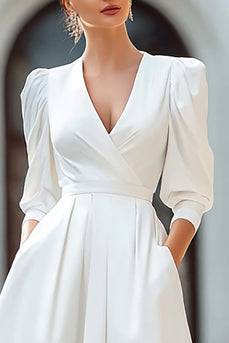 Ivory V-Neck A Line Satin Long Wedding Dress with Pockets