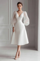 Load image into Gallery viewer, Ivory V-Neck A Line Short Wedding Dress with Long Sleeves
