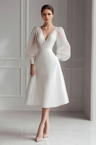 Ivory V-Neck A Line Short Wedding Dress with Long Sleeves