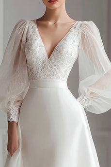 Ivory V-Neck A Line Short Wedding Dress with Long Sleeves