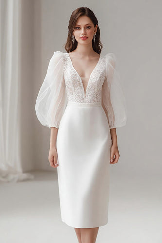 Ivory V-Neck Bodycon Short Wedding Dress with Sleeves