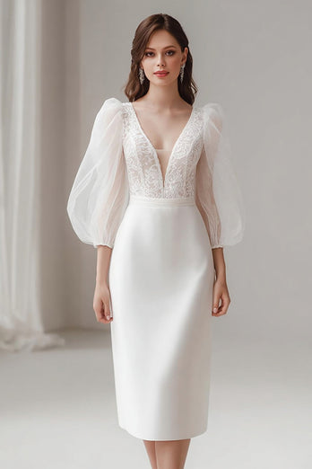 Ivory V-Neck Bodycon Short Wedding Dress with Sleeves