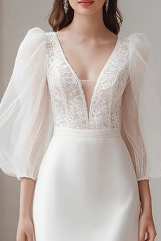 Ivory V-Neck Bodycon Short Wedding Dress with Sleeves