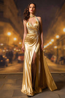 Load image into Gallery viewer, Gold Satin Halter Mermaid Ruched Long Formal Dress with Slit