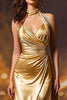 Load image into Gallery viewer, Gold Satin Halter Mermaid Ruched Long Formal Dress with Slit