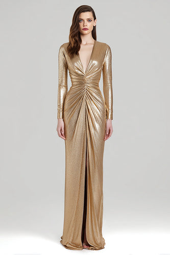Sparkly Gold V-Neck Metallic Sheath Ruched Long Formal Dress with Slit