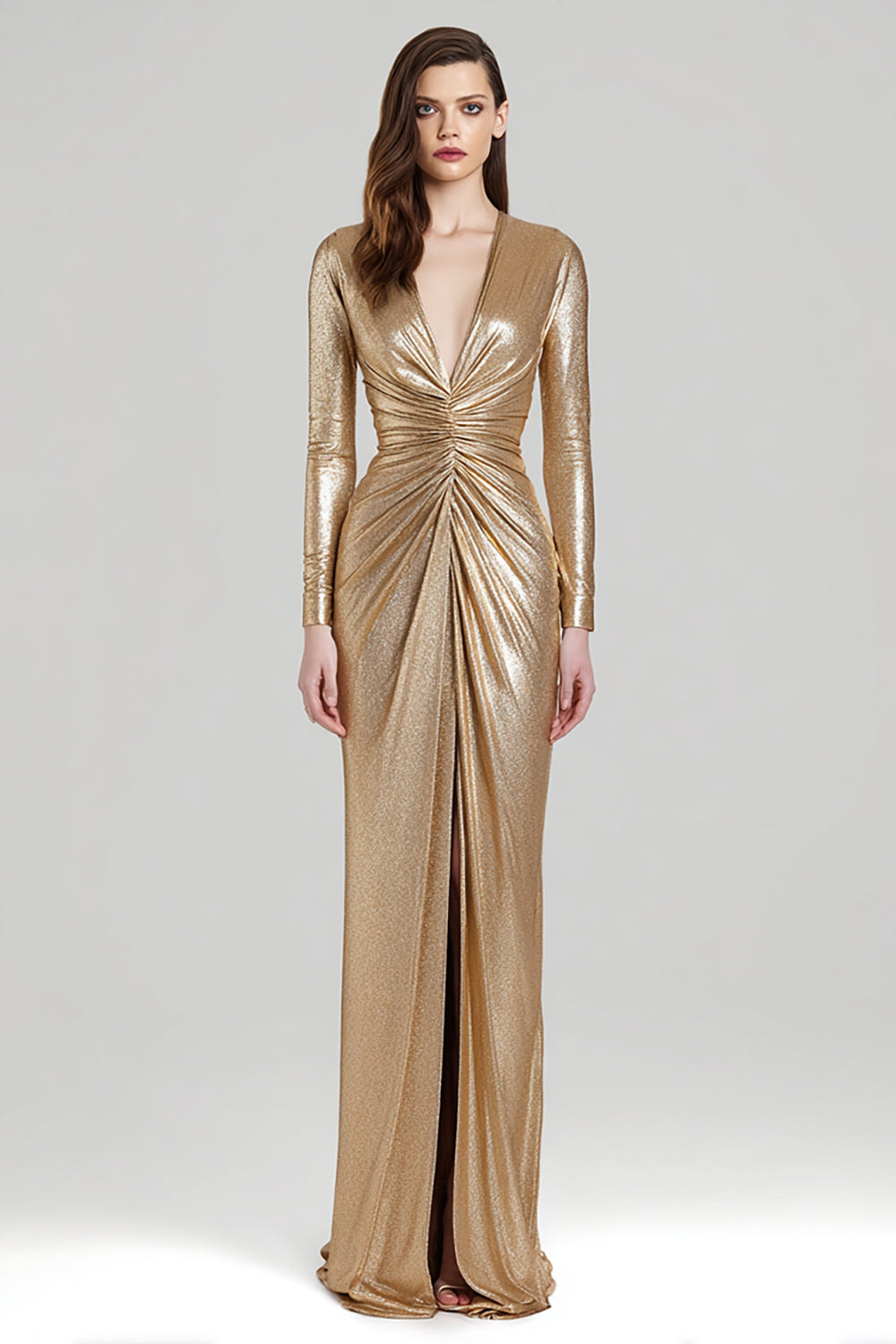 Sparkly Gold V-Neck Metallic Sheath Ruched Long Formal Dress with Slit