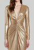 Load image into Gallery viewer, Sparkly Gold V-Neck Metallic Sheath Ruched Long Formal Dress with Slit