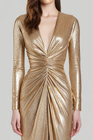 Load image into Gallery viewer, Sparkly Gold V-Neck Metallic Sheath Ruched Long Formal Dress with Slit