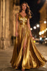 Load image into Gallery viewer, Sparkly Gold Metallic Ruched V-Neck A-Line Long Formal Dress with Slit