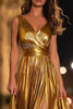 Load image into Gallery viewer, Sparkly Gold Metallic Ruched V-Neck A-Line Long Formal Dress with Slit