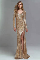 Load image into Gallery viewer, Sparkly Gold V-Neck Sequin Mermaid Long Formal Dress with Slit