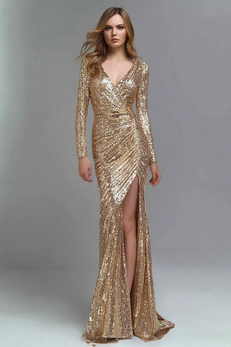 Sparkly Gold V-Neck Sequin Mermaid Long Formal Dress with Slit