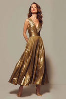 Load image into Gallery viewer, Sparkly Gold V-Neck Metallic Pleated A-Line Long Formal Dress