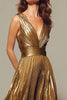 Load image into Gallery viewer, Sparkly Gold V-Neck Metallic Pleated A-Line Long Formal Dress
