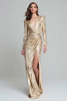 Load image into Gallery viewer, Sparkly Light Gold Sequin V-Neck Long Sleeves Long Formal Dress