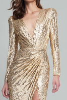 Load image into Gallery viewer, Sparkly Light Gold Sequin V-Neck Long Sleeves Long Formal Dress