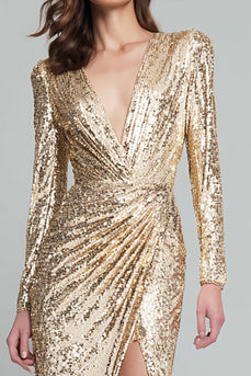 Sparkly Light Gold Sequin V-Neck Long Sleeves Long Formal Dress