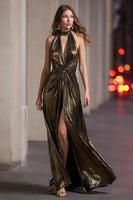 Load image into Gallery viewer, Sparkly Black Gold Halter Metallic Sheath Long Formal Dress with Slit
