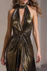 Load image into Gallery viewer, Sparkly Black Gold Halter Metallic Sheath Long Formal Dress with Slit