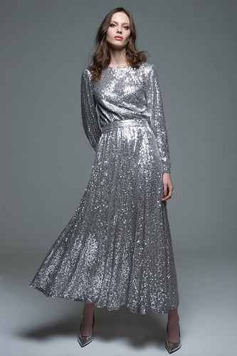 Sparkly Silver Sequin A-Line Long Formal Dress with Sleeves