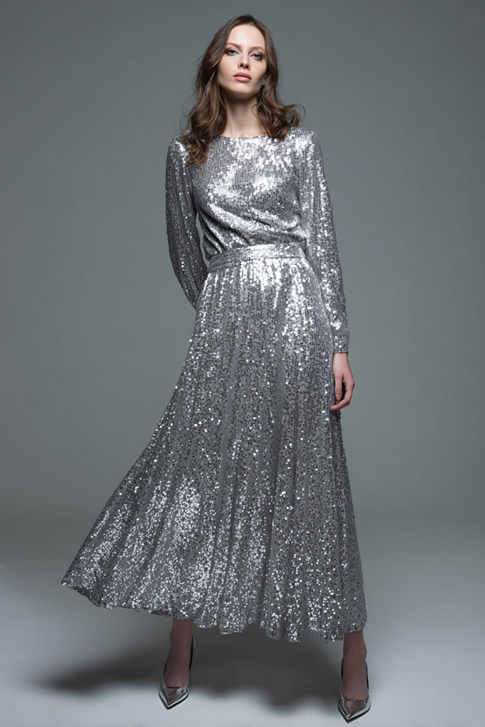 Sparkly Silver Sequin A-Line Long Formal Dress with Sleeves