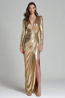 Load image into Gallery viewer, Sparkly Gold Metallic V-Neck Mermaid Long Formal Dress with Slit