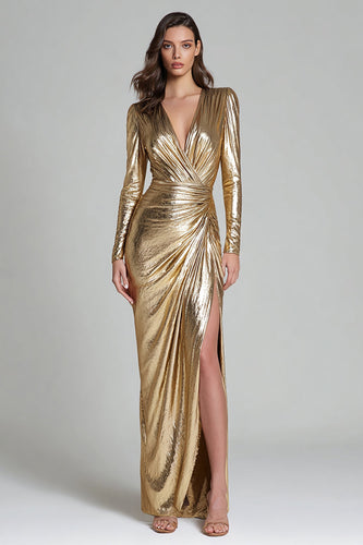 Sparkly Gold Metallic V-Neck Mermaid Long Formal Dress with Slit