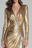 Load image into Gallery viewer, Sparkly Gold Metallic V-Neck Mermaid Long Formal Dress with Slit