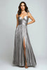 Load image into Gallery viewer, Silver Spaghetti Straps Metallic Pleated A-Line Long Formal Dress with Slit