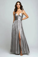 Load image into Gallery viewer, Silver Spaghetti Straps Metallic Pleated A-Line Long Formal Dress with Slit