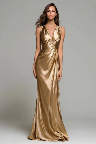 Sparkly Gold V-Neck Mermaid Metallic Ruched Long Formal Dress