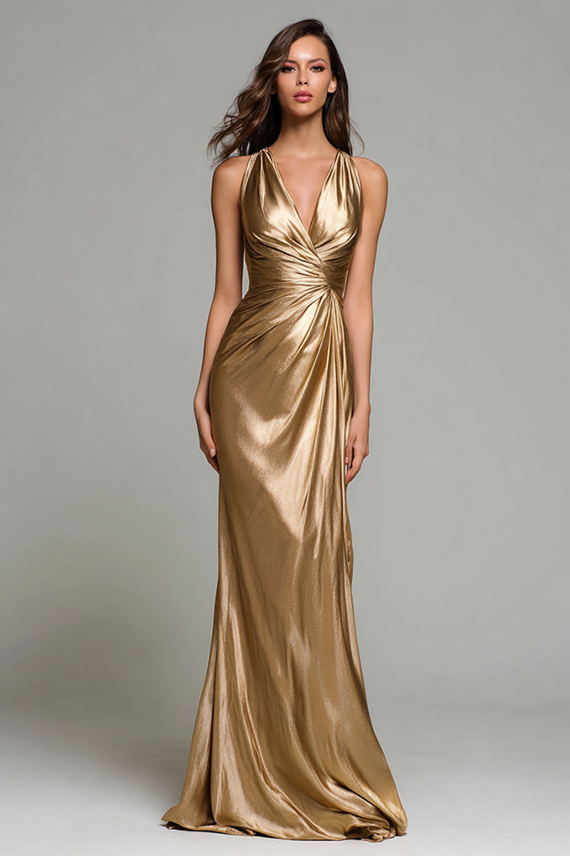 Load image into Gallery viewer, Sparkly Gold V-Neck Mermaid Metallic Ruched Long Formal Dress
